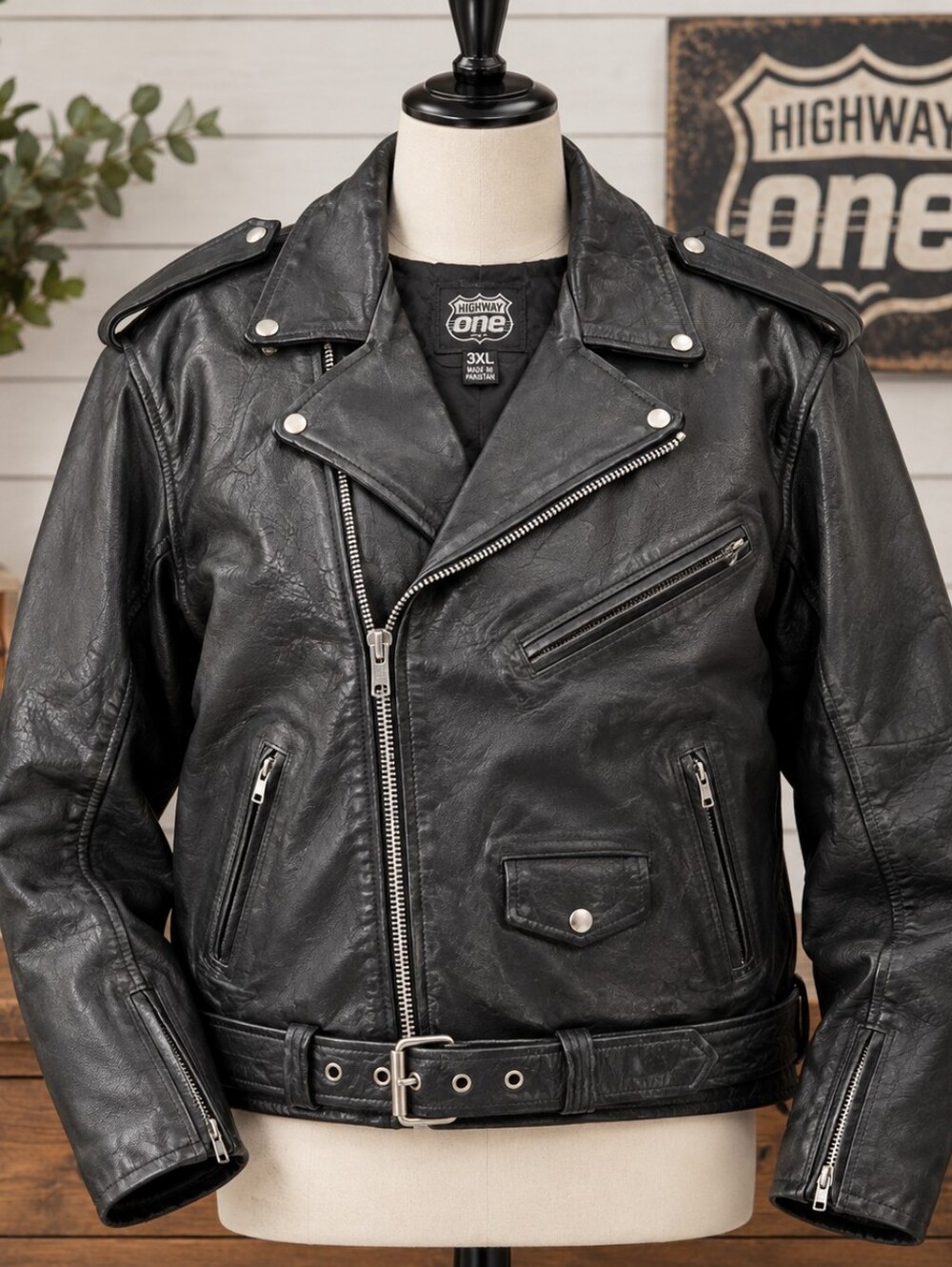 Men’s Black Leather Biker Jacket by Highway One 3xl
